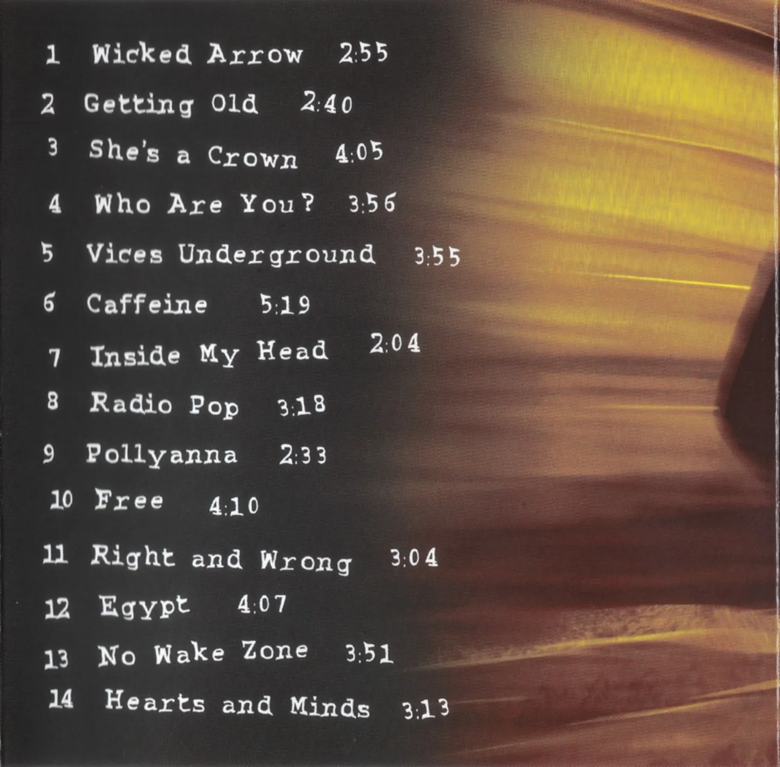 Resolution back cover: the 14 song titles and times in typewriter type beside streaks of golden light
